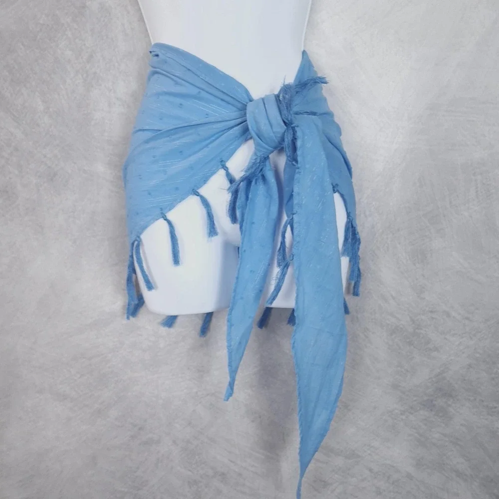 Vitamin A Scarf Wrap Womens One Size Blue Polka Dot Tassel Beach Sarong Cover-Up